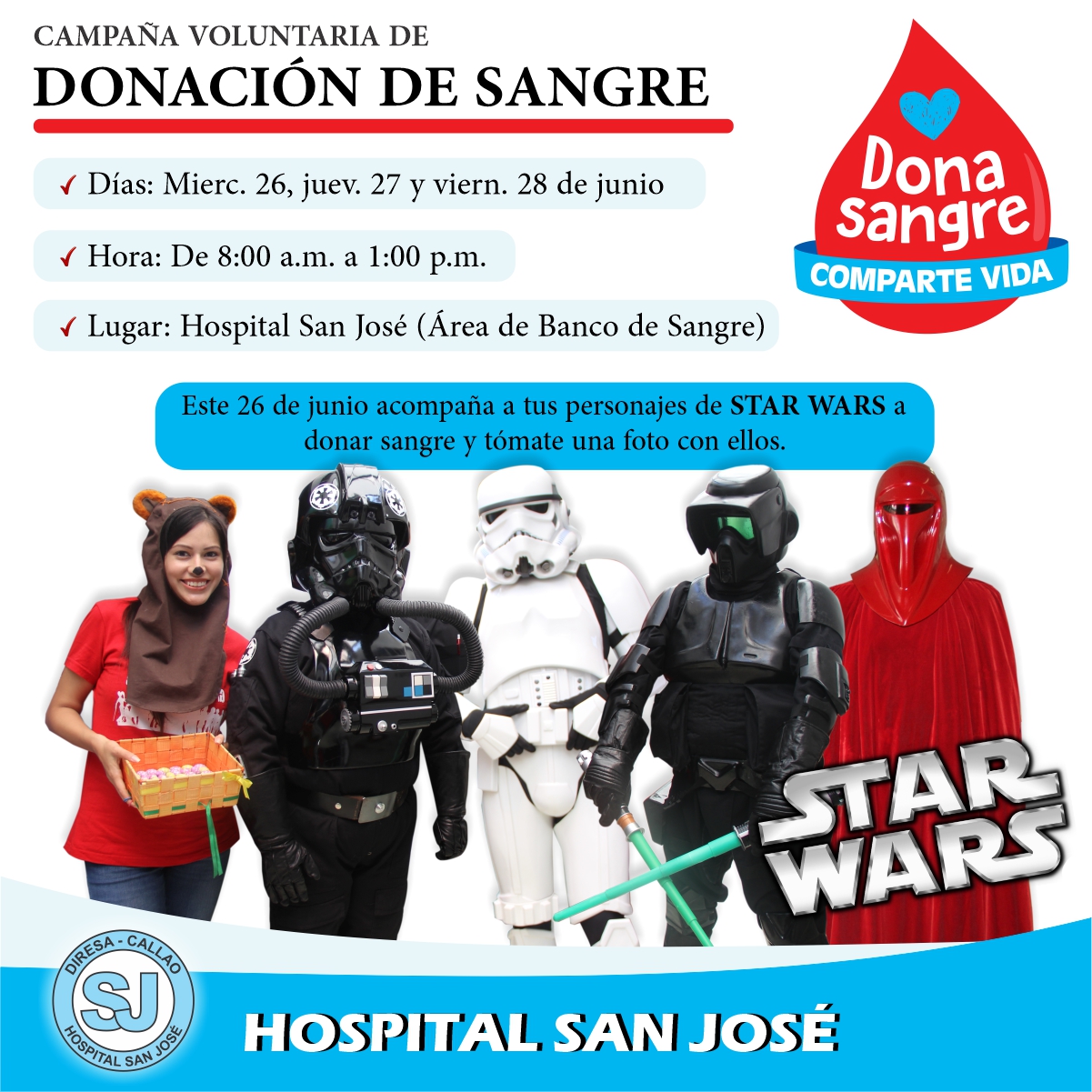 PERSONAJES DE STAR WARS ESTARÁN PRESENTES EN CAMPAÑA DE DONACIÓN DE SANGRE EN EL HOSPITAL SAN JOSÉ DEL CALLAO
