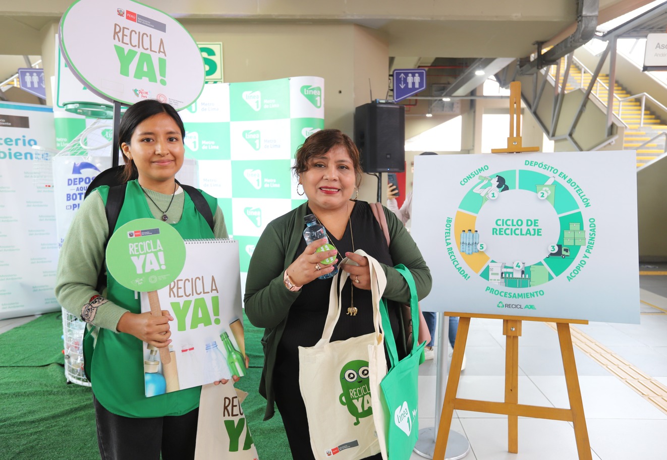 Línea 1 del Metro de Lima, Ministerio del Ambiente y Grupo AJE impulsan el reciclaje de botellas PET en las estaciones del tren